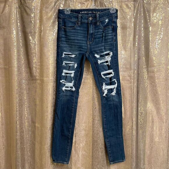 American Eagle Outfitters Denim - American Eagle Stretch Distressed Patched Dark Wash Hi Rise Jeggings, Size 2